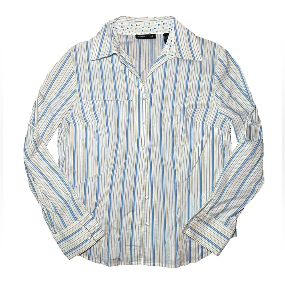 valerie stevens blue and green striped button up